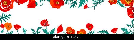 red poppy horizontal frame . Hand drawn. Not AI, vector illustration. Stock Vector