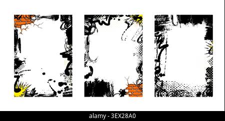 Grunge set frames with blots and graffiti brick wall. Not AI, vector illustration. Stock Vector