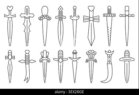 Fantasy Medieval swords, black line icon set with editable stroke. Monochrome vector collection of RPG weapon symbols for UI, UX, mobile apps, web, ga Stock Vector