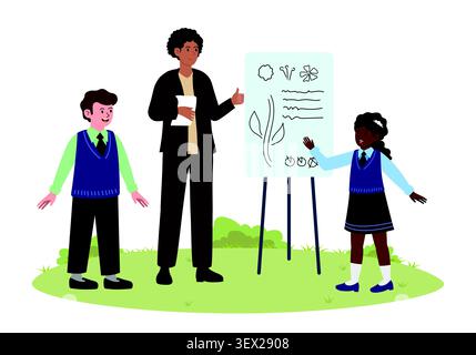 Children and teacher on botany lesson outdoors. Great for science education poster, nature school banner, or eco learning flyer. Stock Vector