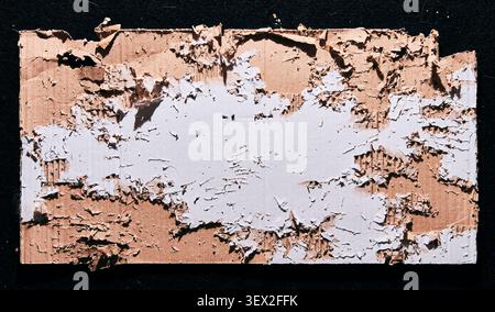A close-up of a brown cardboard surface with ripped layers and exposed fluting after being shredded by a cat Stock Photo
