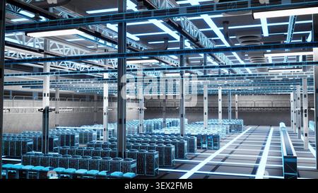 Blue digital rendering shows AI training servers and neural network technology with a blue holographic overlay. Stock Photo
