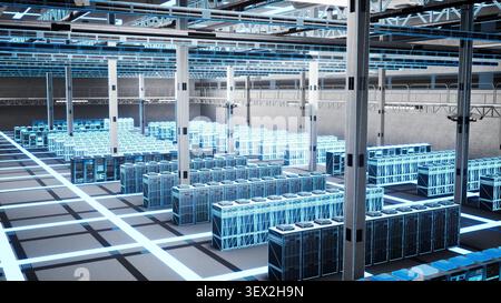Blue VFX overlay scans modular blade server storage in a high-tech data center, showing supercomputer equipment and digital twin mapping. Stock Photo