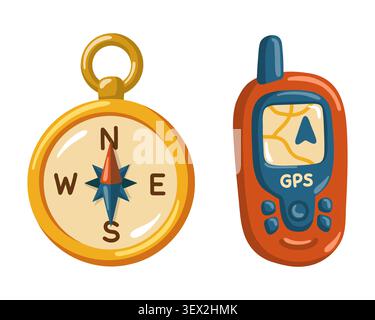 Compass and GPS navigator set. Cartoon vector isolated illustration on white background. Stock Vector
