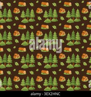 Forest trees and logs seamless pattern on dark brown background. Cartoon vector woodland print.  Stock Vector