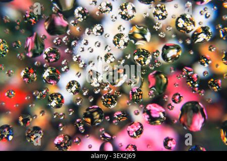 Raindrops cling to glass, distorting blurred flower colors in the background. Soft bokeh highlights pink, red, and green hues behind droplets. Glossy Stock Photo