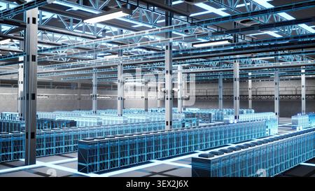 Vacant server racks display a blue wireframe scan for virtualization, VFX compositing and digital twin mapping in a high-tech data center. Stock Photo