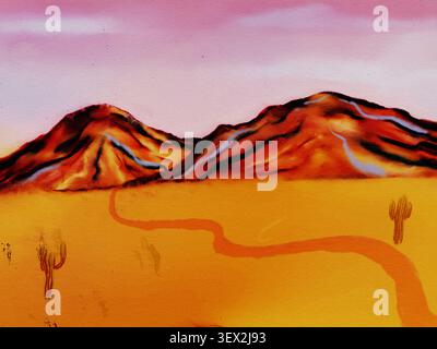 Hand painted desert landscape with winding trail, glowing sandstone mountains and saguaro cacti beneath a pink sunset sky, colorful Southwestern inspi Stock Photo