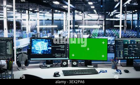Server room chroma key workstations tracking server hardware processing machine learning datasets for AI operations. Stock Photo
