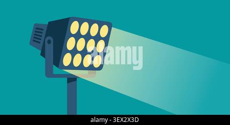 Professional flood light lamp casting a bright beam of light on a solid teal background. Stock Vector