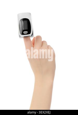 Hand using fingertip pulse oximeter on white background Stock Photo