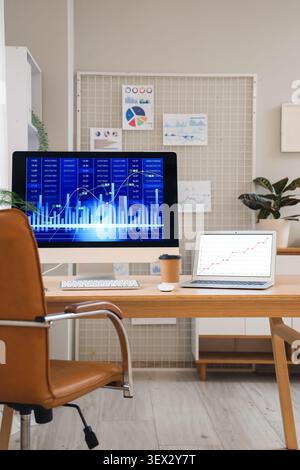 Data scientists workplace with computer and diagrams in office Stock Photo