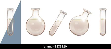 Transparent test tube, water bottle for chemical analysis. 3d lab flask, chemistry laboratory isolated equipment. Dirty toxic water, biologic disease Stock Vector
