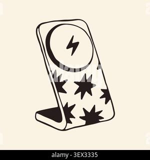 Hand drawn wireless charging stand with star patterns. Minimalist line art doodle of a magnetic charger dock with a lightning flash symbol. Modern Stock Vector