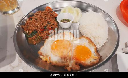 Round Metal Platter Complete Thai Set Meal Laab Minced Pork Double Fried Egg Jasmine Rice Stock Photo