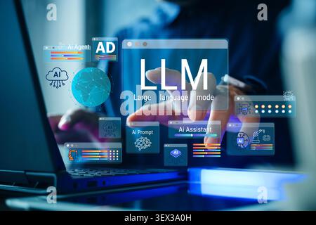 Business user touches a futuristic LLM dashboard with AI assistant, prompt tools, automation icons, and digital data interface for technology innovati Stock Photo