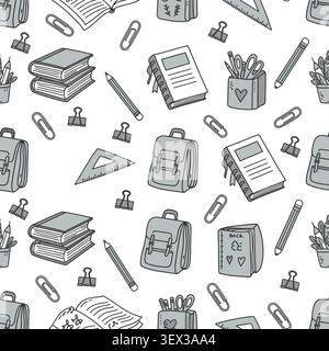A charming hand-drawn seamless pattern of various school and office supplies, ideal for back-to-school themes, education, and stationery designs. Stock Vector
