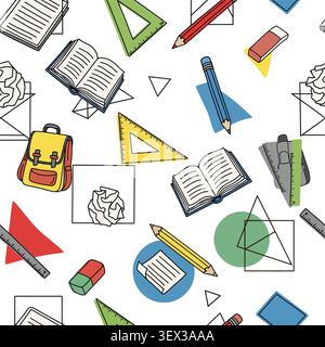Bright and playful seamless pattern featuring school supplies including books, pencils, rulers, backpack, eraser, and geometry tools on a clean white Stock Vector