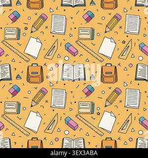 Colorful hand-drawn seamless pattern featuring various school supplies like books, pencils, and backpacks, perfect for education-themed designs. Stock Vector