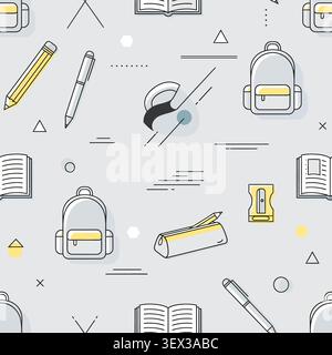 Modern seamless pattern featuring minimalist line art icons of school supplies. Ideal for educational backgrounds, textiles, web design, or back to sc Stock Vector