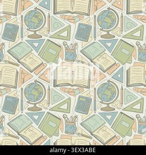 Hand-drawn seamless pattern featuring various school and educational items like globes, books, calculators, and rulers in a warm, pastel color palette Stock Vector