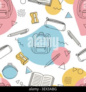 Seamless pattern of outlined school supplies like backpacks, books, and pencils on an abstract pastel background. Perfect for back to school and educa Stock Vector