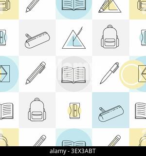 Seamless pattern of flat line icons featuring school and office supplies like books, pencils, and backpacks. Perfect for education and stationery desi Stock Vector