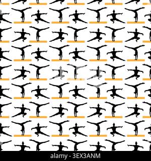 Compact seamless repeat featuring gymnast silhouettes on balance beam with a rhythmic modern layout. Vector illustration for fabric, apparel, wallpaper, gift wrap, packaging and sports themed products Stock Vector