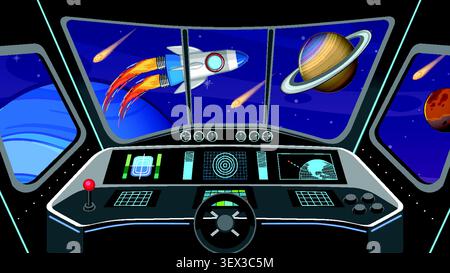 Flat vector illustration of a spacecraft interior overlooking planets, meteors, and a rocket ship. Stock Vector