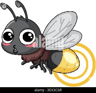 A friendly cartoon firefly flies with a glowing yellow abdomen against a white background Stock Vector