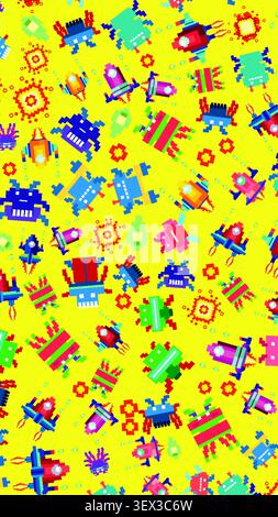 Vibrant yellow background with pixelated arcade-style spaceships and alien creatures in a seamless pattern. Stock Vector