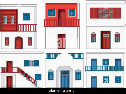 Flat vector illustration of traditional coastal buildings with colorful shutters, balconies, and wooden doors. Stock Vector