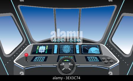 Vector illustration of a sci-fi cockpit featuring digital displays, steering wheel, and planetary navigation. Stock Vector