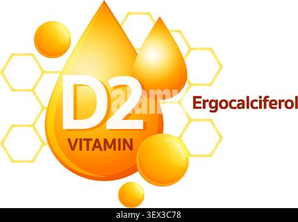 Bright vector style showing vitamin D2 ergocalciferol with orange droplets and hexagonal background Stock Vector