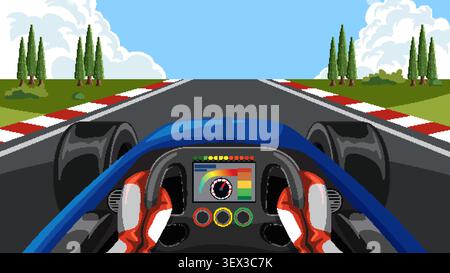 First-person perspective vector illustration of a driver steering a race car on asphalt track. Stock Vector
