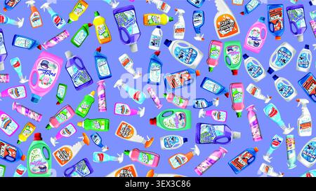 Flat vector illustration of various colorful cleaning supplies arranged in a repeating seamless pattern. Stock Vector