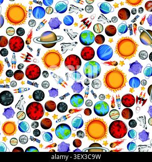 Flat vector illustration of celestial bodies, spacecraft, and stars on a white background. Stock Vector