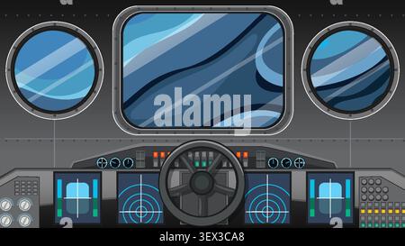 Flat vector illustration of a spacecraft bridge with steering wheel, radar screens, and windows. Stock Vector