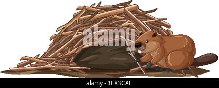 Cartoon beaver holding a branch beside a large wooden lodge on a white background. Stock Vector
