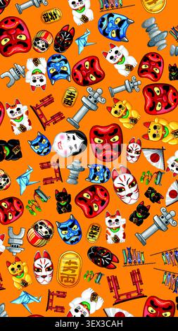 Colorful vector illustration of lucky cats, masks, and shrines on a vibrant orange background. Stock Vector