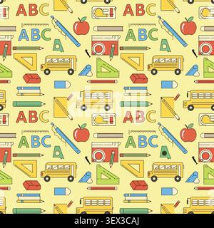 Seamless pattern of school supplies, including buses, apples, books, and stationery, on a yellow background. Perfect for educational designs. Stock Vector