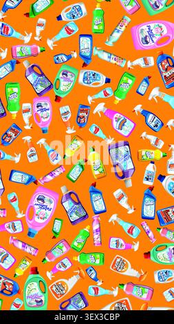 Flat vector illustration of various detergent bottles and spray cleaners on orange background. Stock Vector