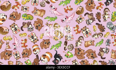 Flat vector illustration of diverse Australian animals in a repeating pattern on pink background. Stock Vector