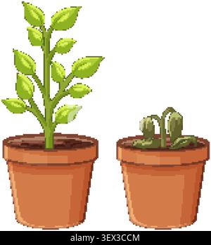 Vector illustration comparing a vibrant growing plant with a withered plant in clay pots Stock Vector
