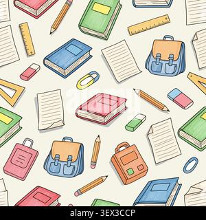 Hand-drawn seamless pattern featuring various school supplies like books, pencils, and bags, perfect for education and back-to-school designs. Stock Vector