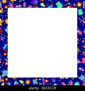Colorful 8-bit video game sprites form a decorative frame around a white square background. Stock Vector