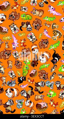 Vector illustration of diverse cartoon animals arranged in a seamless pattern on orange background. Stock Vector