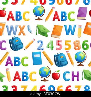 Vibrant seamless pattern with geometric school supplies, ABC letters, and numbers. Ideal for educational materials, textiles, and back-to-school desig Stock Vector