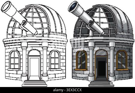 Detailed observatory vector illustration with dome telescope, stone facade, front view, and line-art version Stock Vector