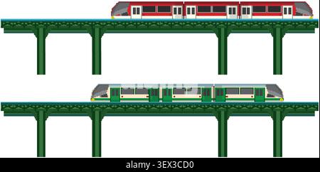 Flat vector illustration of red and green commuter trains traveling on elevated green railway tracks. Stock Vector